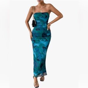 Mesh Floral Strapless Bodycon Maxi Dress Ruched Tube Long Dresses with Slit